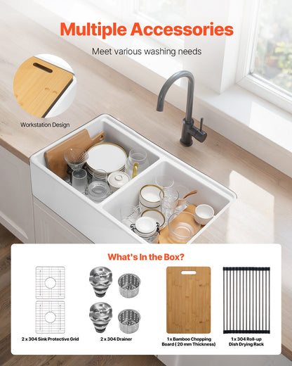 33x20 inch Farmhouse Sink, White Sink Workstation, Fireclay Undermount Basins, Apron Front Double Bowl Basin with Multiple Accessories, Large Capacity Household Dishwasher Sinks for Kitchen