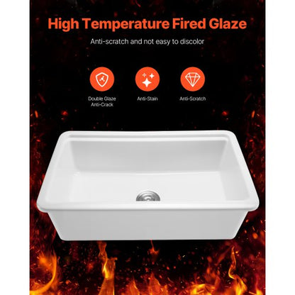 76cm farmhouse sink top mounted undermount kitchen sink with single bowl, fireclay