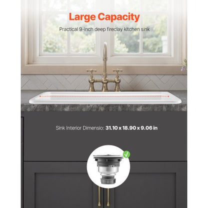 76cm farmhouse sink top mounted undermount kitchen sink with single bowl, fireclay