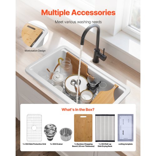 76cm farmhouse sink top mounted undermount kitchen sink with single bowl, fireclay