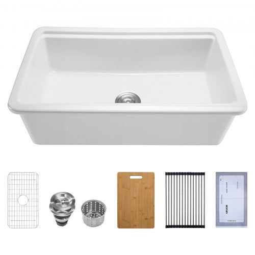 33x19 inch Farmhouse Sink, White Sink Workstation, Fireclay Topmount Undermount Basin, Drop-In Single Bowl Basin with Multiple Accessories, Large Capacity Household Dishwasher Sinks for Kitchen