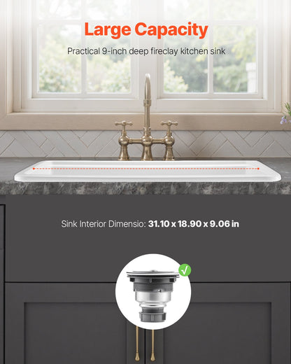 33x19 inch Farmhouse Sink, White Sink Workstation, Fireclay Topmount Undermount Basin, Drop-In Single Bowl Basin with Multiple Accessories, Large Capacity Household Dishwasher Sinks for Kitchen