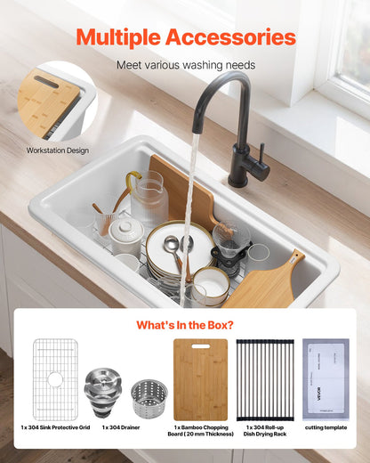 33x19 inch Farmhouse Sink, White Sink Workstation, Fireclay Topmount Undermount Basin, Drop-In Single Bowl Basin with Multiple Accessories, Large Capacity Household Dishwasher Sinks for Kitchen