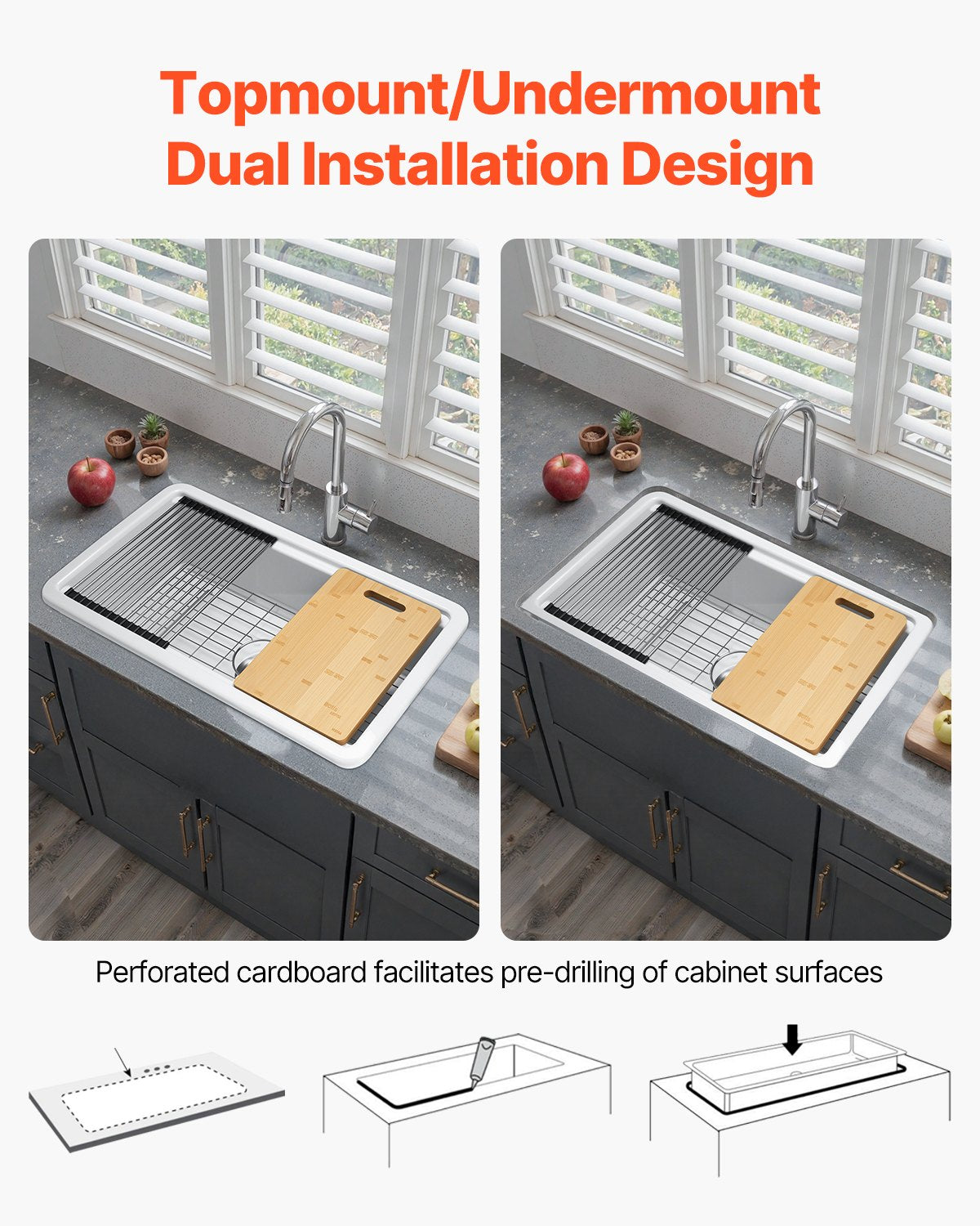 33x19 inch Farmhouse Sink, White Sink Workstation, Fireclay Topmount Undermount Basin, Drop-In Single Bowl Basin with Multiple Accessories, Large Capacity Household Dishwasher Sinks for Kitchen