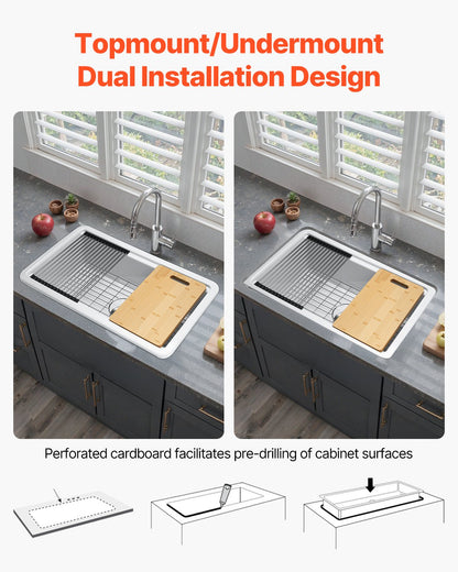 33x19 inch Farmhouse Sink, White Sink Workstation, Fireclay Topmount Undermount Basin, Drop-In Single Bowl Basin with Multiple Accessories, Large Capacity Household Dishwasher Sinks for Kitchen