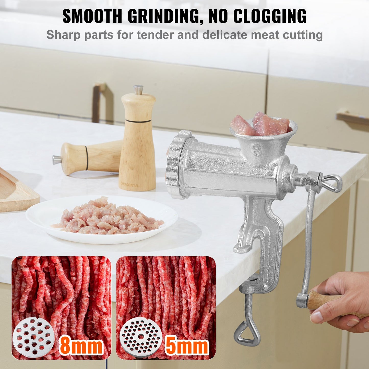 Manual meat grinder, powerful hand meat grinder made of cast iron with steel table clamp, minced meat sausage machine with 1 cutting blade, 2 cutting plates, 3 sausage tubes for beef pepper mushroom