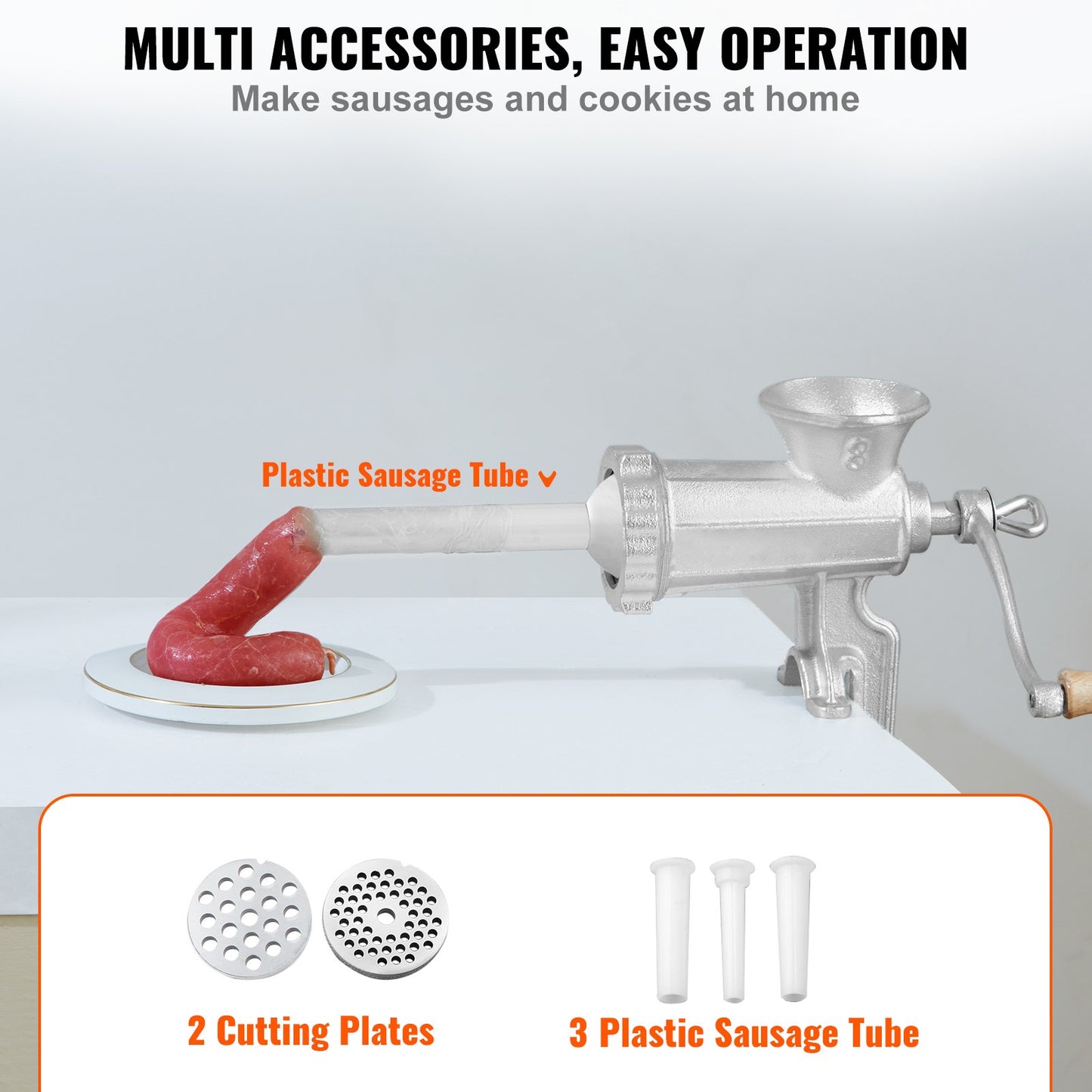Manual meat grinder, powerful hand meat grinder made of cast iron with steel table clamp, minced meat sausage machine with 1 cutting blade, 2 cutting plates, 3 sausage tubes for beef pepper mushroom