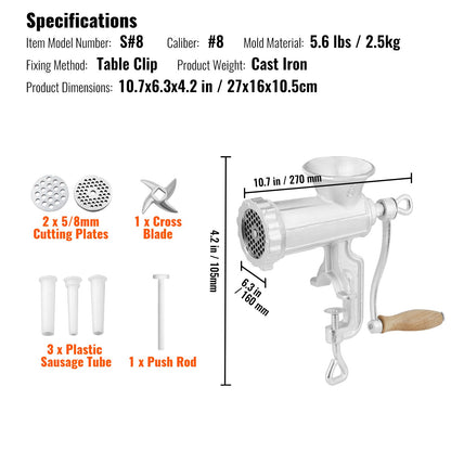 Manual meat grinder, powerful hand meat grinder made of cast iron with steel table clamp, minced meat sausage machine with 1 cutting blade, 2 cutting plates, 3 sausage tubes for beef pepper mushroom