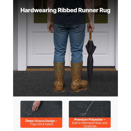 ytterdörrsmatta, 3048 x 914 mm kommersiell golvmatta för inomhus och utomhus, snygg randig industriell matta med PVC-baksida, kraftig tvättbar entrématta för hall, balkong, garage, grå |  EU