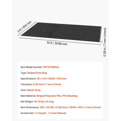 ytterdörrsmatta, 3048 x 914 mm kommersiell golvmatta för inomhus och utomhus, snygg randig industriell matta med PVC-baksida, kraftig tvättbar entrématta för hall, balkong, garage, grå |  EU
