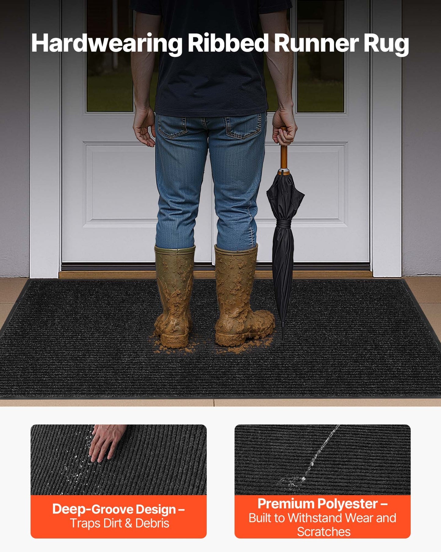 Front Door Mat, 5 x 3 ft Commercial Floor Mat for Indoor and Outdoor, Stylish Striped Industrial Carpet with PVC Backing, Heavy Duty Washable Entry Rug for Hallway, Balcony, Garage, Grey
