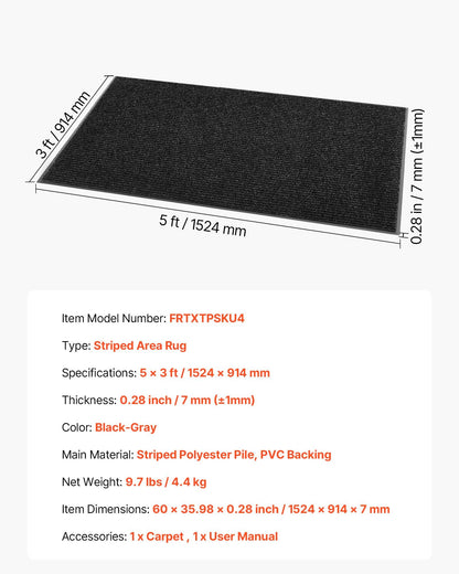 Front Door Mat, 5 x 3 ft Commercial Floor Mat for Indoor and Outdoor, Stylish Striped Industrial Carpet with PVC Backing, Heavy Duty Washable Entry Rug for Hallway, Balcony, Garage, Grey