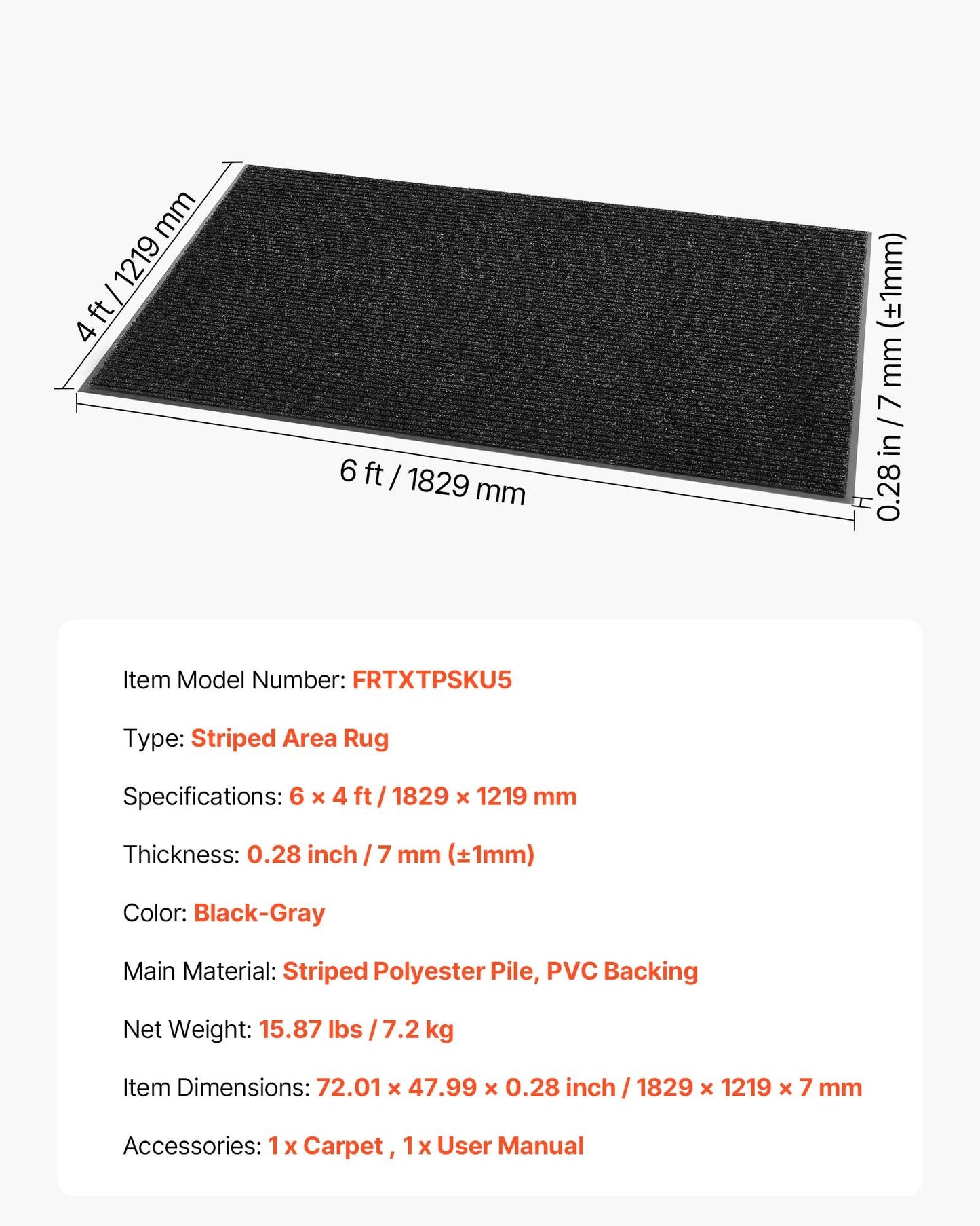 Front Door Mat, 6 x 4 ft Commercial Floor Mat for Indoor and Outdoor, Stylish Striped Industrial Carpet with PVC Backing, Heavy Duty Washable Entry Rug for Hallway, Balcony, Garage, Grey