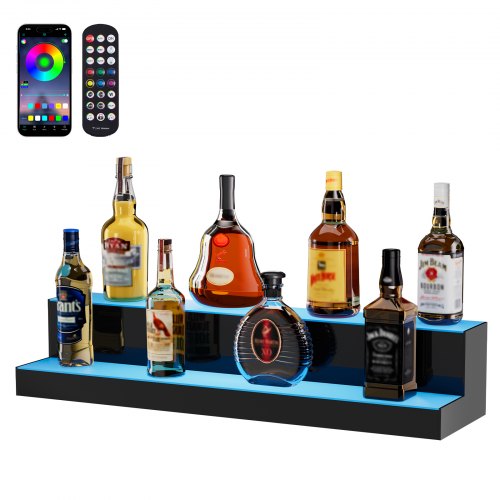 LED Lighted Liquor Bottle Display, 2 Tiers 30 Inches, Illuminated Home Bar Shelf with RF Remote & App Control 7 Static Colors 1-4 H Timing, Acrylic Drinks Lighting Shelf for Holding 16 Bottles