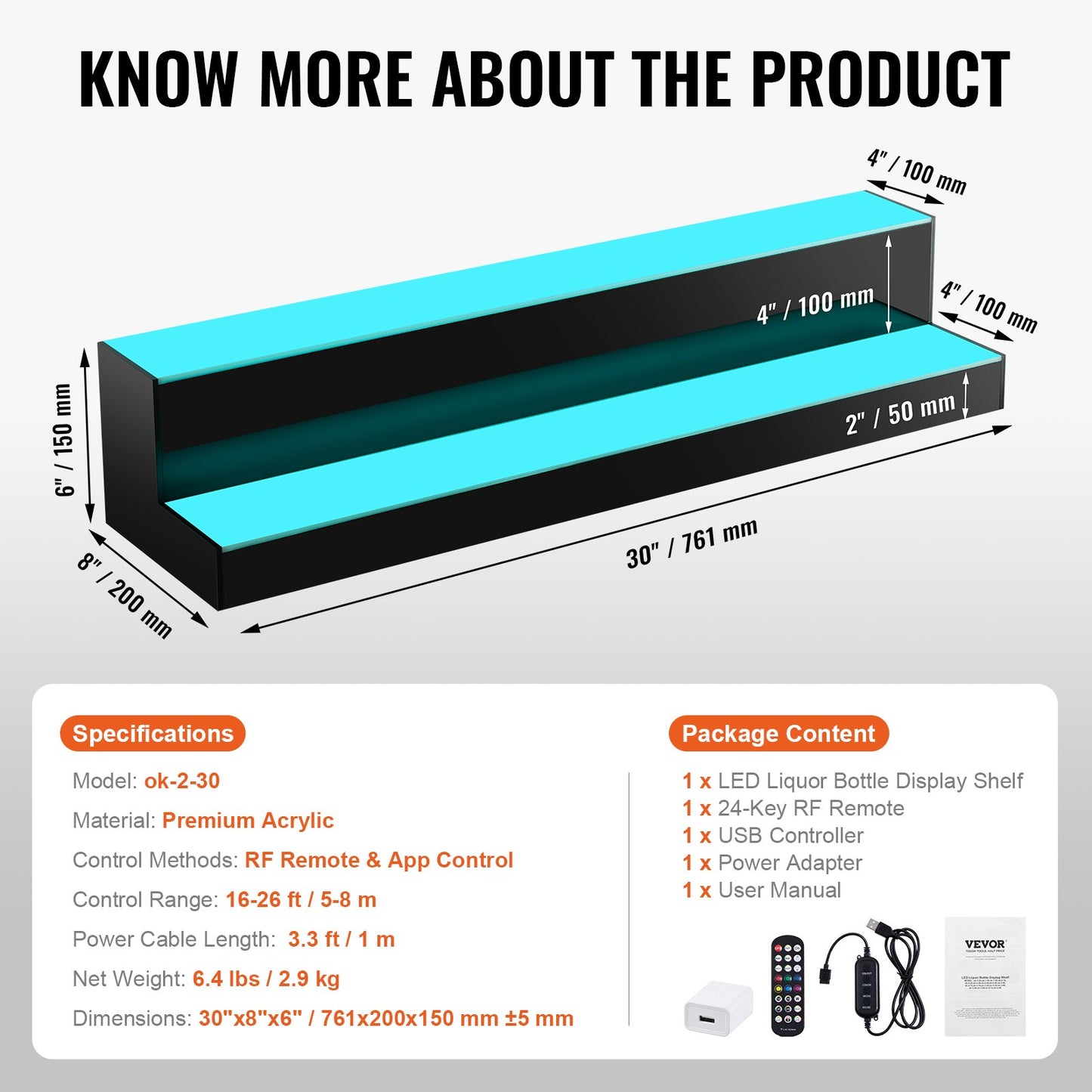 LED Lighted Liquor Bottle Display, 2 Tiers 30 Inches, Illuminated Home Bar Shelf with RF Remote & App Control 7 Static Colors 1-4 H Timing, Acrylic Drinks Lighting Shelf for Holding 16 Bottles