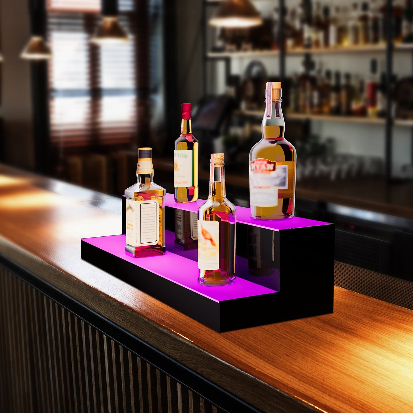 LED Lighted Liquor Bottle Display, 2 Tiers 30 Inches, Illuminated Home Bar Shelf with RF Remote & App Control 7 Static Colors 1-4 H Timing, Acrylic Drinks Lighting Shelf for Holding 16 Bottles