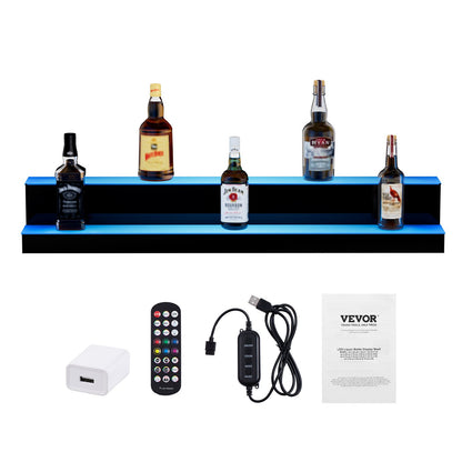 LED Lighted Liquor Bottle Display, 2 Tiers 40 Inch Commercial Illuminated Home Bar Shelf, 2 Steps Whiskey Rack Stand, Acrylic Drink Shelves with RF Remote & App Control, and Multicolor lighting