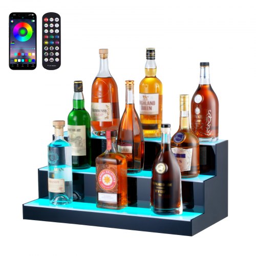 LED Lighted Liquor Bottle Display Bar Shelf RF & App Control 24" 3-Step