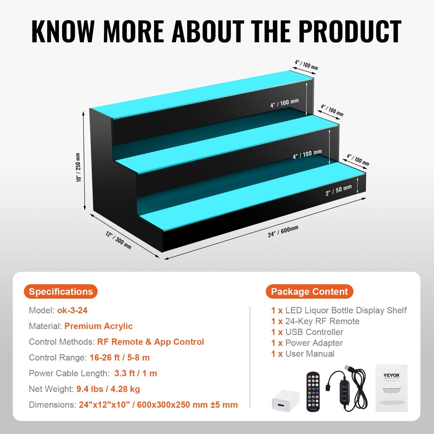 LED Lighted Liquor Bottle Display Bar Shelf RF & App Control 24" 3-Step