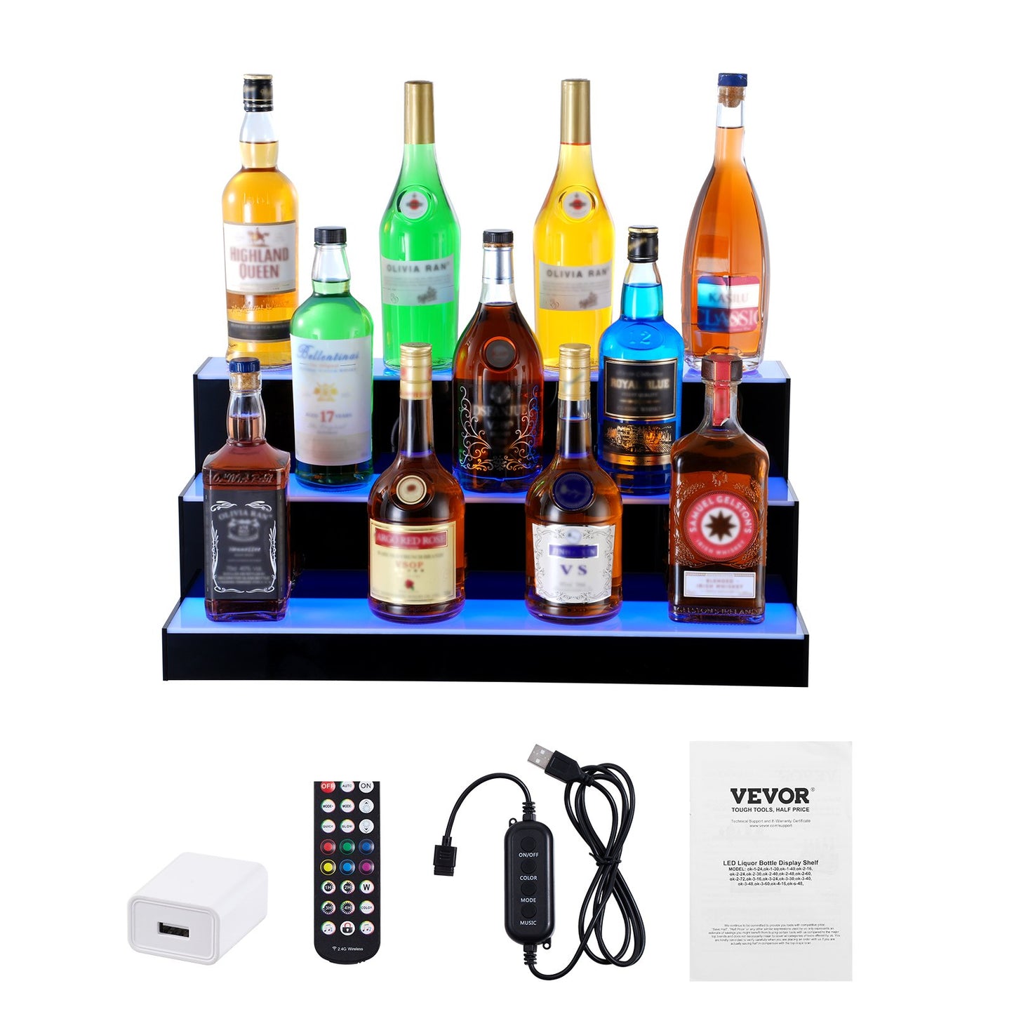 LED Lighted Liquor Bottle Display Bar Shelf RF & App Control 24" 3-Step