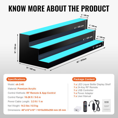 LED-upplyst spritflaska Display Bar Hylla RF & App Control 40" 3-steg