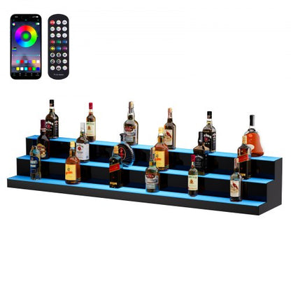 LED Lighted Liquor Bottle Display, 3 Tiers 60 Inch Commercial Illuminated Home Bar Shelf, 3 Steps Whiskey Rack Stand, Acrylic Drink Shelves with RF Remote & App Control, and Multicolor lighting