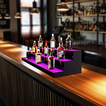 LED Lighted Liquor Bottle Display, 3 Tiers 60 Inch Commercial Illuminated Home Bar Shelf, 3 Steps Whiskey Rack Stand, Acrylic Drink Shelves with RF Remote & App Control, and Multicolor lighting