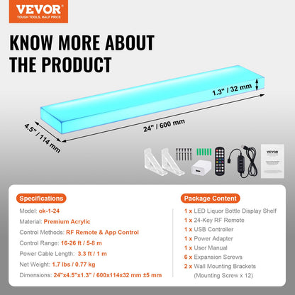 Väggmonterad LED-upplyst spritflaska Display Hemmabarhylla 24" 1-steg