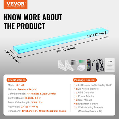 Väggmonterad LED-upplyst spritflaska Display Hemmabarhylla 40" 1-steg