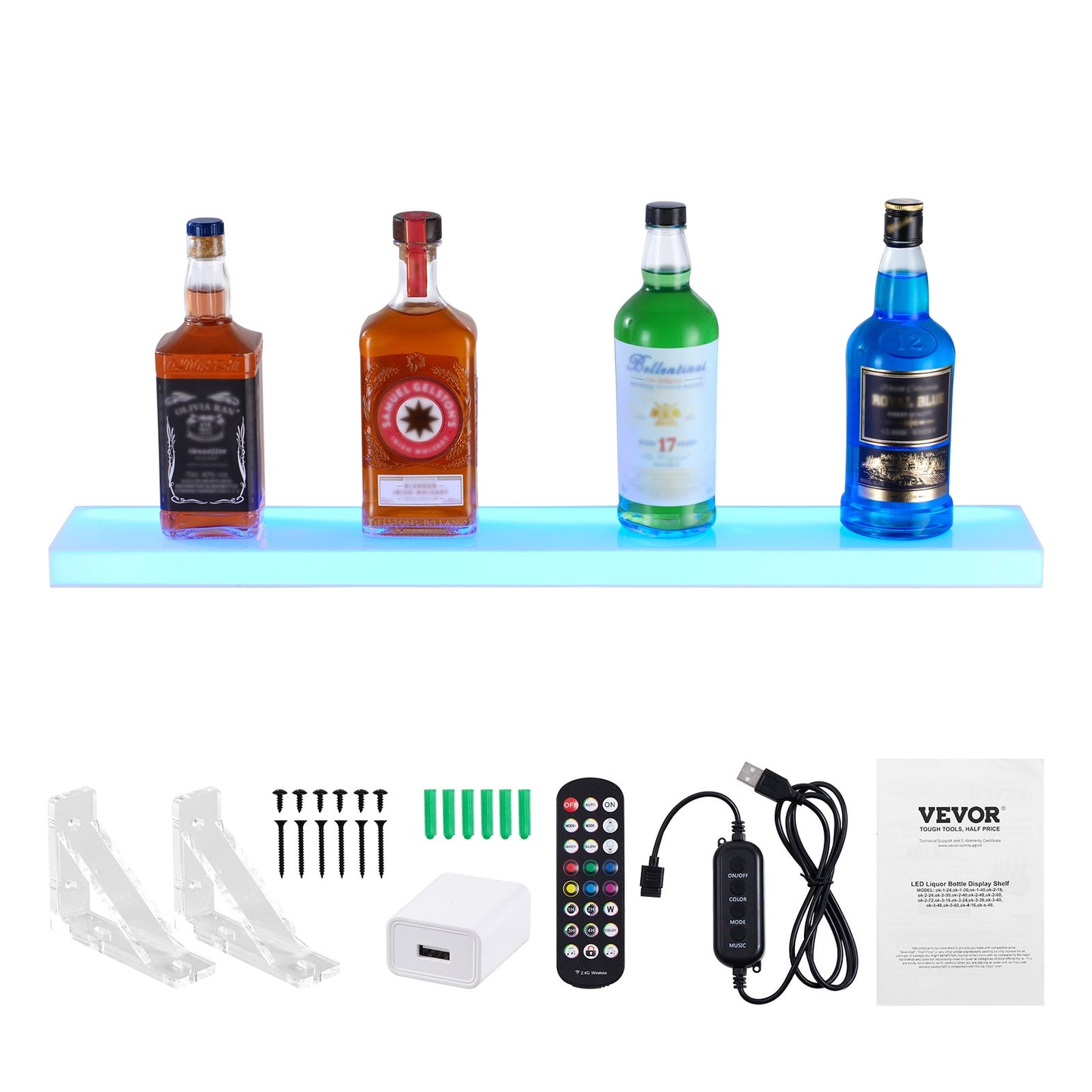LED Lighted Liquor Bottle Display, 1 Tier 30 Inch Wall Mounted Whiskey Rack Stand, 1 Step Commercial Illuminated Home Bar Shelf, Acrylic Drinks lighting Shelves with RF Remote & App Control