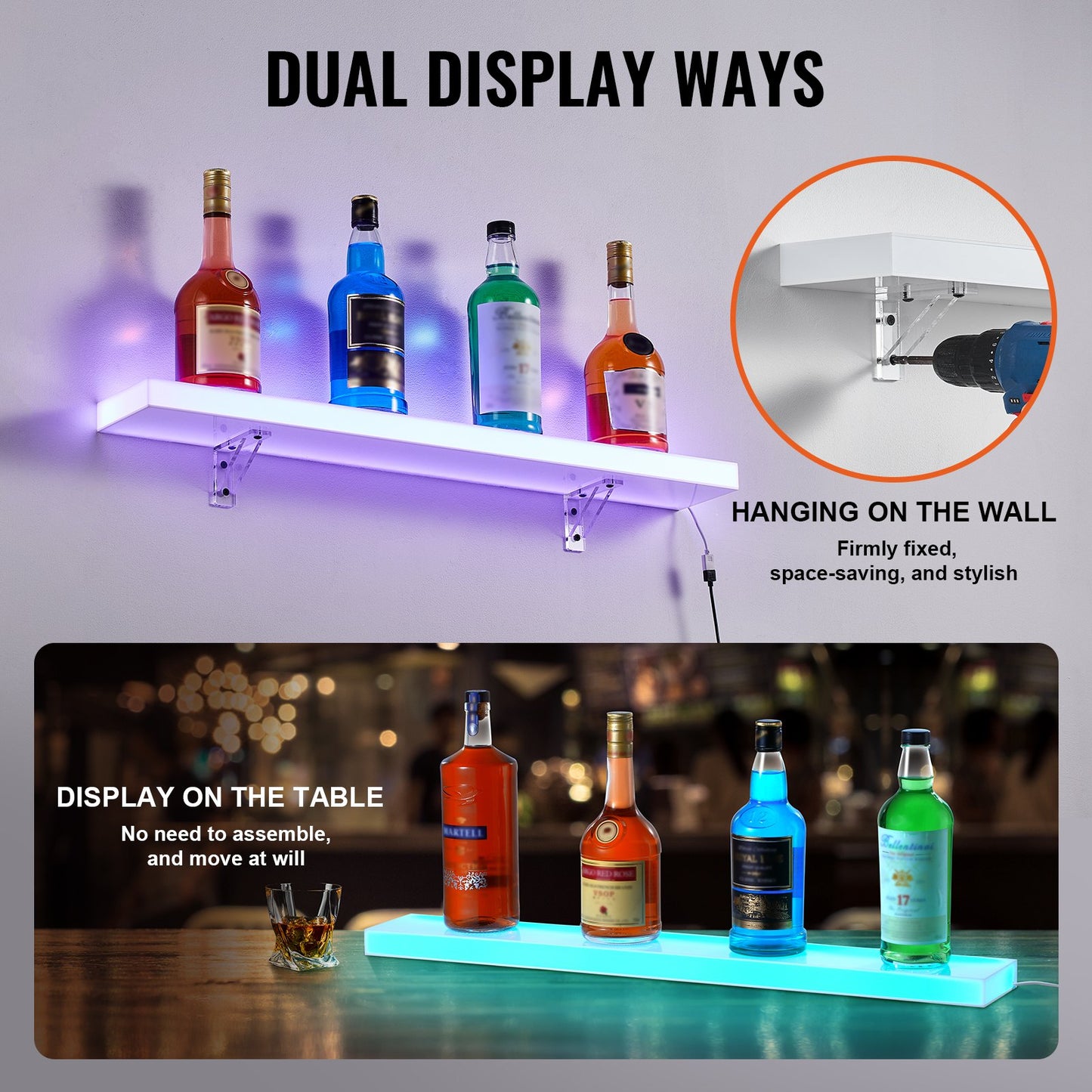 Wandmontiertes, LED-beleuchtetes Schnapsflaschen-Display für die Hausbar, 76,2 cm, 1-stufig