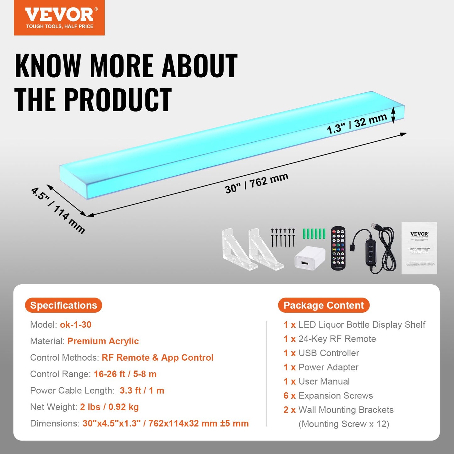 Wandmontiertes, LED-beleuchtetes Schnapsflaschen-Display für die Hausbar, 76,2 cm, 1-stufig