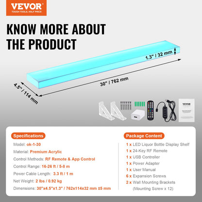 Wandmontiertes, LED-beleuchtetes Schnapsflaschen-Display für die Hausbar, 76,2 cm, 1-stufig