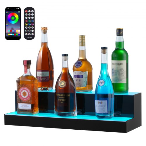 LED Lighted Liquor Bottle Display, 2 Tiers 24 Inch Commercial Illuminated Home Bar Shelf, 2 Steps Whiskey Rack Stand, Acrylic Drink Shelves with RF Remote & App Control, and Multicolor lighting