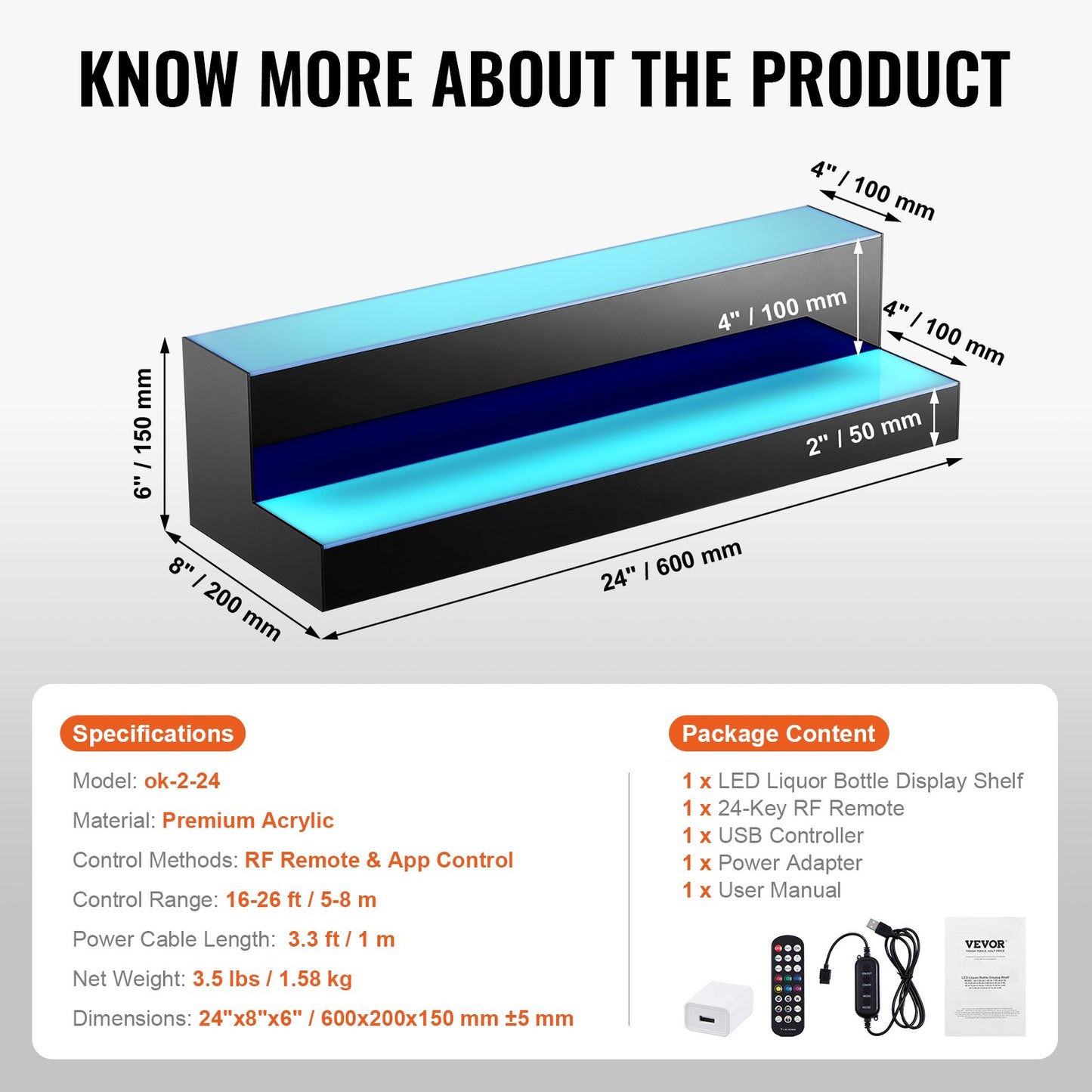 LED-beleuchtetes Barregal für Spirituosenflaschen, RF- und App-Steuerung, 24 Zoll, 2-stufig