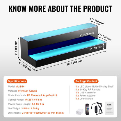 LED-beleuchtetes Barregal für Spirituosenflaschen, RF- und App-Steuerung, 24 Zoll, 2-stufig