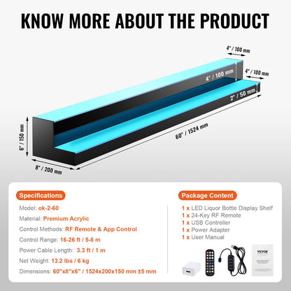 LED Lighted Liquor Bottle Display, 2 Tiers 60 Inch Commercial Illuminated Home Bar Shelf, 2 Steps Whiskey Rack Stand, Acrylic Drink Shelves with RF Remote & App Control, and Multicolor lighting