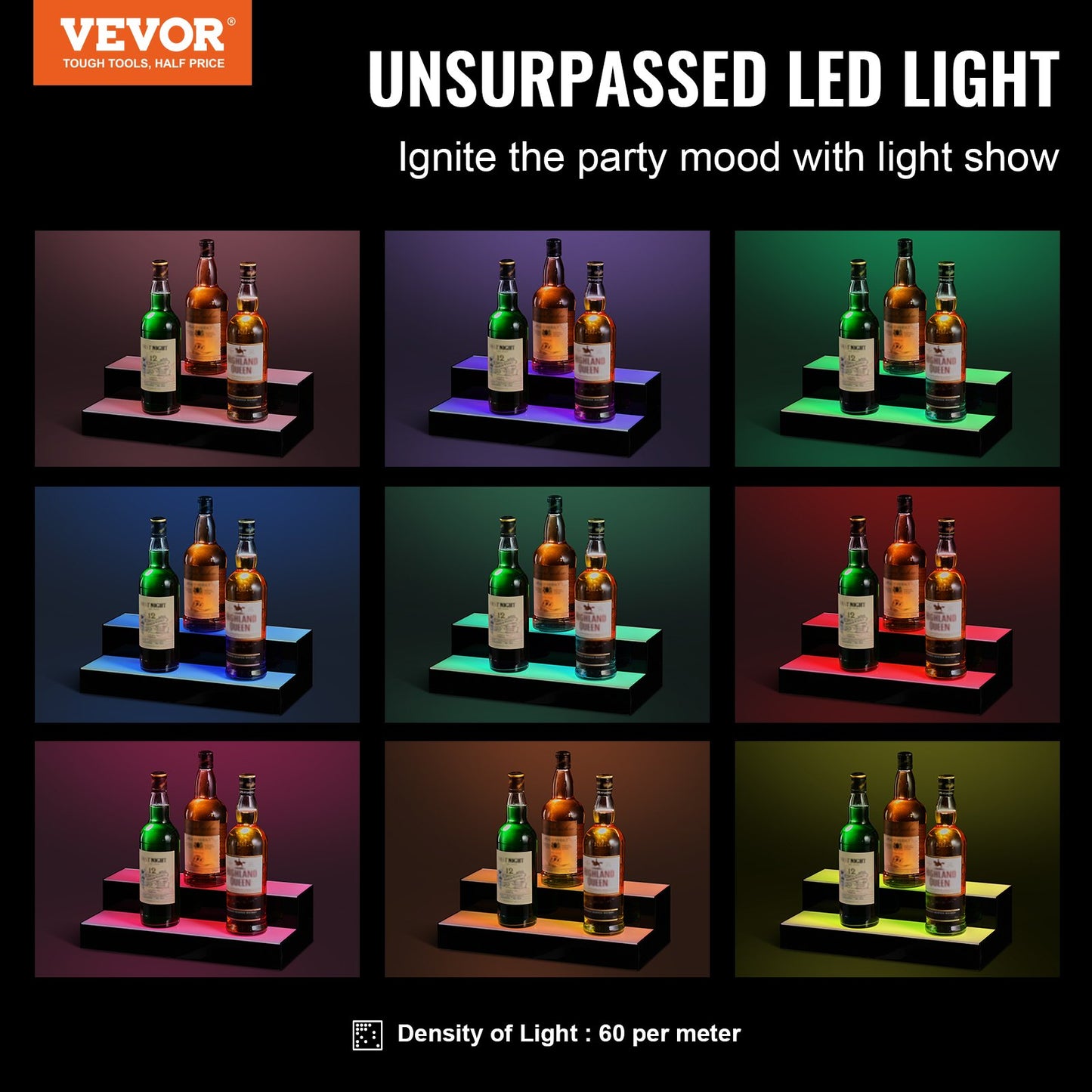 LED Lighted Liquor Bottle Display, 2 Tiers 16 Inch Commercial Illuminated Home Bar Shelf, 2 Steps Whiskey Rack Stand, Acrylic Drink Shelves with RF Remote & App Control, and Multicolor lighting