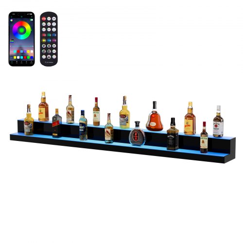 LED Lighted Liquor Bottle Display, 2 Tiers 72 Inch Commercial Illuminated Home Bar Shelf, 2 Steps Whiskey Rack Stand, Acrylic Drink Shelves with RF Remote & App Control, and Multicolor lighting