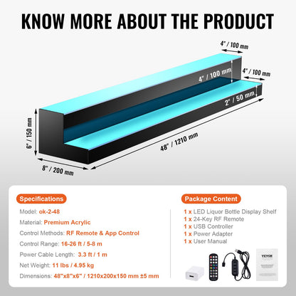 LED-beleuchtetes Barregal für Spirituosenflaschen, RF- und App-Steuerung, 48 Zoll, 2-stufig