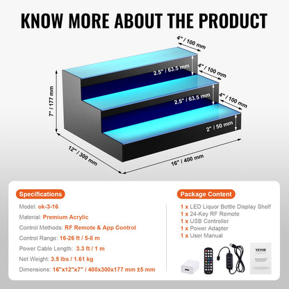 LED-upplyst spritflaska Display Bar Hylla RF & App Control 16" 3-steg