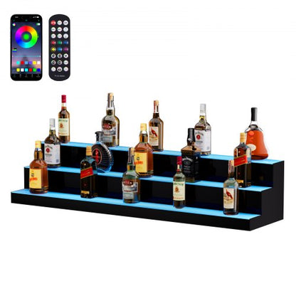 LED Lighted Liquor Bottle Display, 3 Tiers 48 Inch Commercial Illuminated Home Bar Shelf, 3 Steps Whiskey Rack Stand, Acrylic Drink Shelves with RF Remote & App Control, and Multicolor lighting