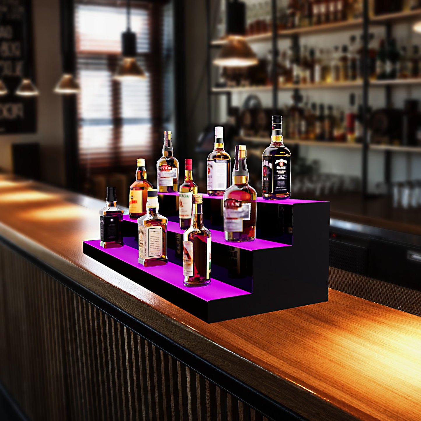 LED Lighted Liquor Bottle Display, 3 Tiers 48 Inch Commercial Illuminated Home Bar Shelf, 3 Steps Whiskey Rack Stand, Acrylic Drink Shelves with RF Remote & App Control, and Multicolor lighting