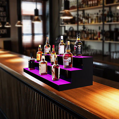 LED Lighted Liquor Bottle Display, 3 Tiers 48 Inch Commercial Illuminated Home Bar Shelf, 3 Steps Whiskey Rack Stand, Acrylic Drink Shelves with RF Remote & App Control, and Multicolor lighting