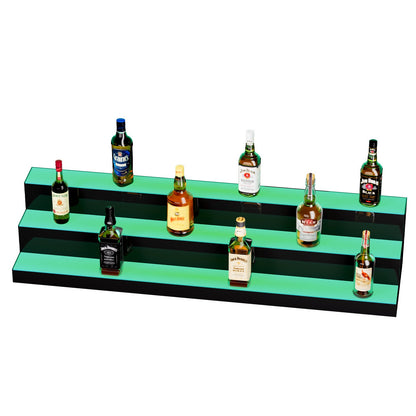 LED Lighted Liquor Bottle Display, 3 Tiers 48 Inch Commercial Illuminated Home Bar Shelf, 3 Steps Whiskey Rack Stand, Acrylic Drink Shelves with RF Remote & App Control, and Multicolor lighting