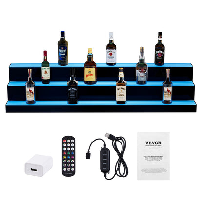 LED Lighted Liquor Bottle Display, 3 Tiers 48 Inch Commercial Illuminated Home Bar Shelf, 3 Steps Whiskey Rack Stand, Acrylic Drink Shelves with RF Remote & App Control, and Multicolor lighting