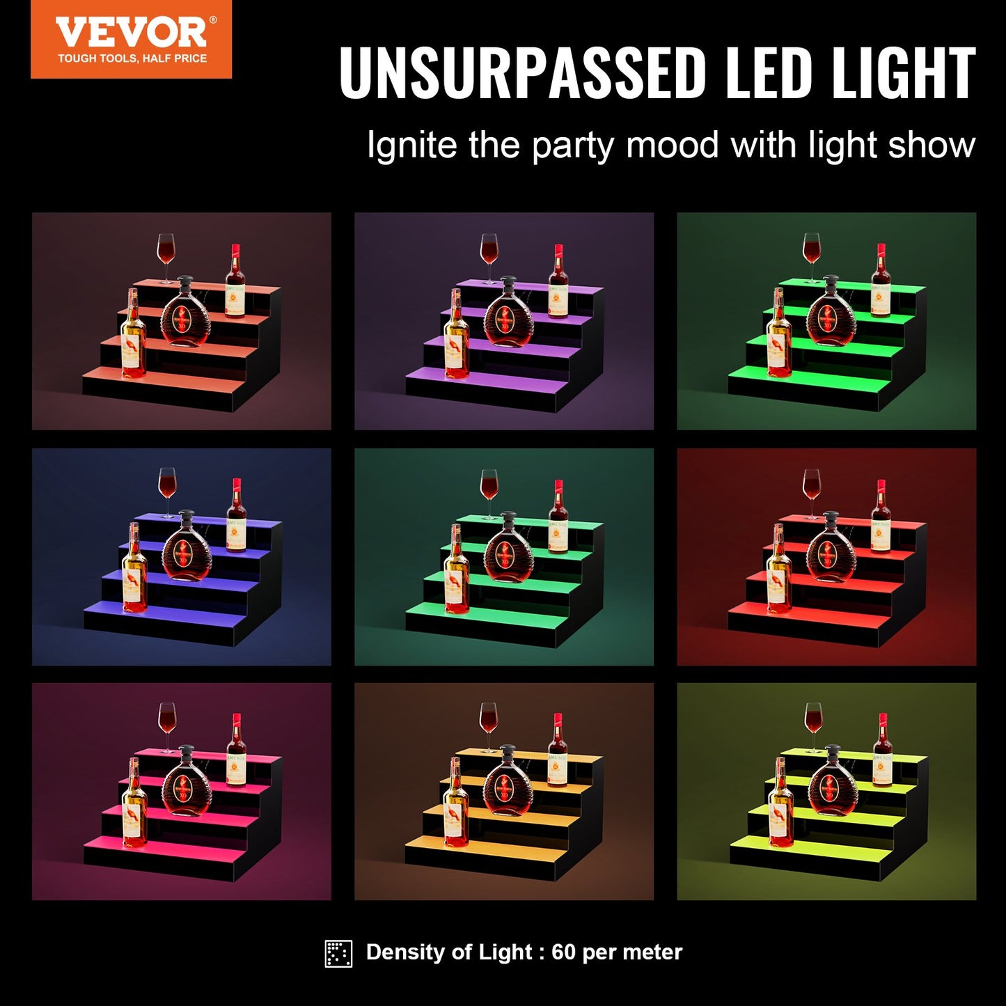 LED Lighted Liquor Bottle Display, 4 Tiers 16 Inch Commercial Illuminated Home Bar Shelf, 4 Steps Whiskey Rack Stand, Acrylic Drink Shelves with RF Remote & App Control, and Multicolor lighting