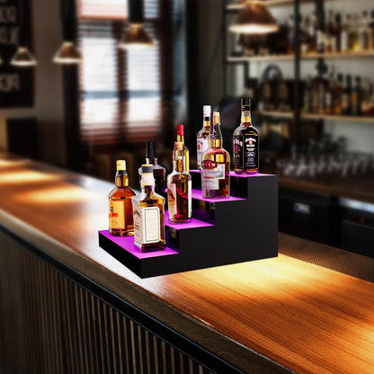 LED Lighted Liquor Bottle Display, 4 Tiers 16 Inch Commercial Illuminated Home Bar Shelf, 4 Steps Whiskey Rack Stand, Acrylic Drink Shelves with RF Remote & App Control, and Multicolor lighting