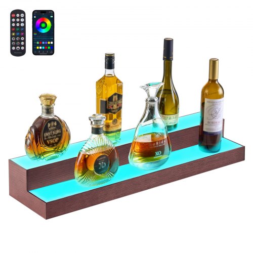 LED Lighted Liquor Bottle Display, 2-Tier 30-Inch Whiskey Rack, Support USB, Illuminated Home Bar Shelf with RF Remote & App Control, 7 Static Colors, Acrylic+ Wood Lighted Shelf for 15 Bottles