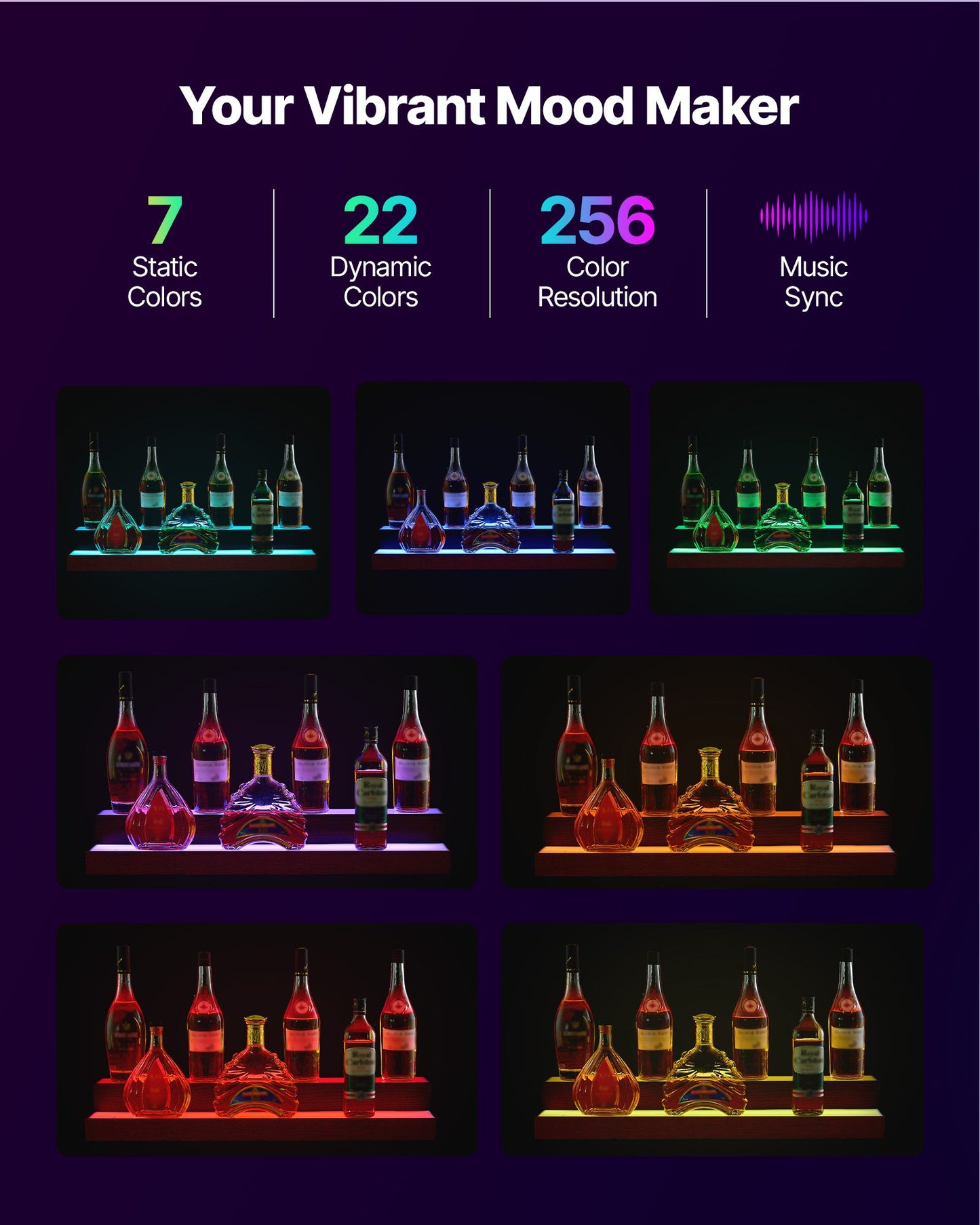 LED Lighted Liquor Bottle Display, 2-Tier 30-Inch Whiskey Rack, Support USB, Illuminated Home Bar Shelf with RF Remote & App Control, 7 Static Colors, Acrylic+ Wood Lighted Shelf for 15 Bottles